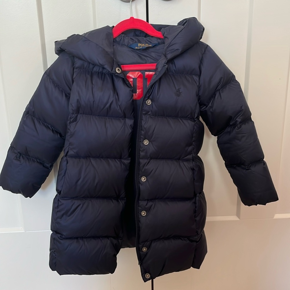 POLO RALPH LAUREN Navy Quilted Long Jacket with Hood. Size 4/4T